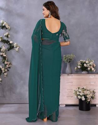Teal georgette solid saree with embroidery work blouse piece 2