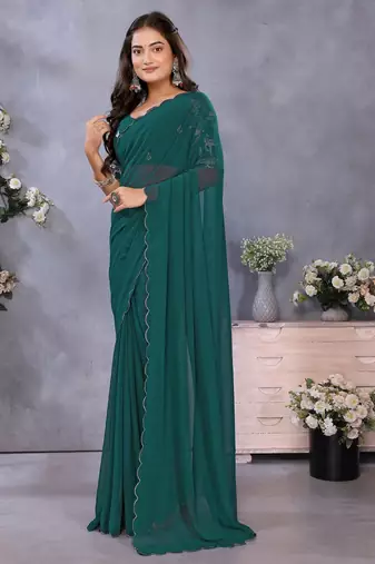 Teal georgette solid saree with embroidery work blouse piece