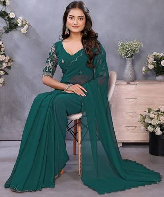 Teal georgette solid saree with embroidery work blouse piece 4