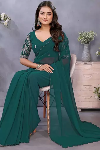 Teal georgette solid saree with embroidery work blouse piece