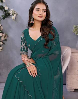 Teal georgette solid saree with embroidery work blouse piece 5