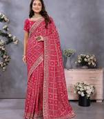 Pink vichitra silk foil print coding work saree with matching blouse piece