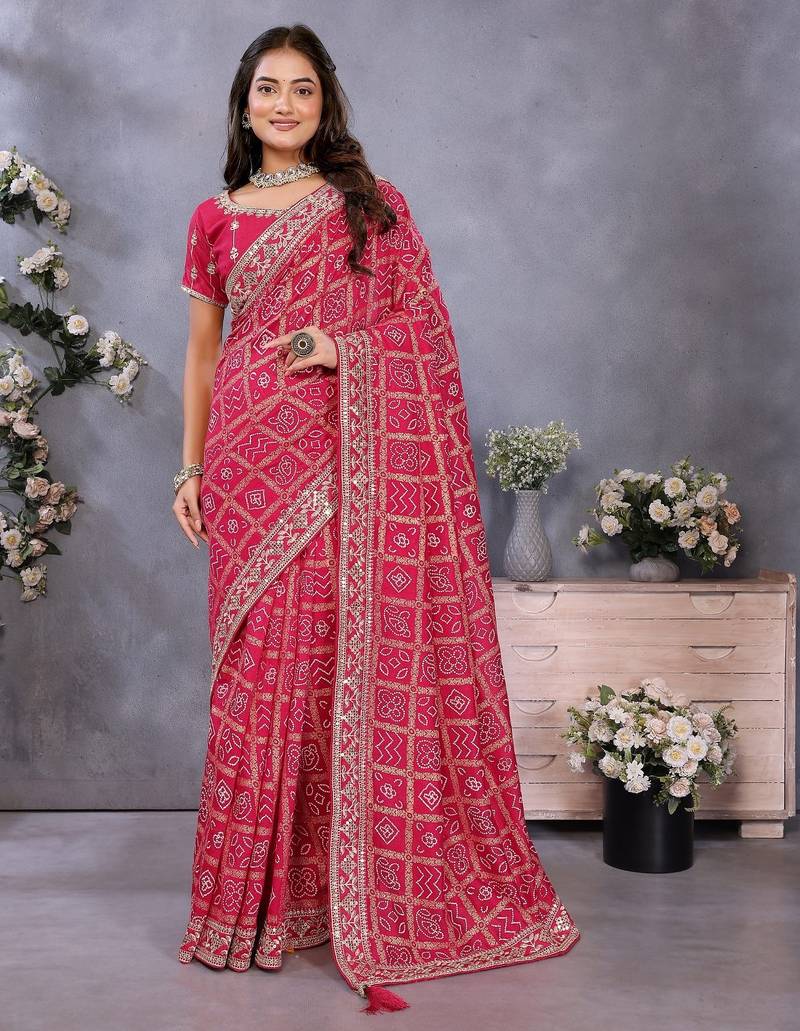 Pink vichitra silk foil print coding work saree with matching blouse piece