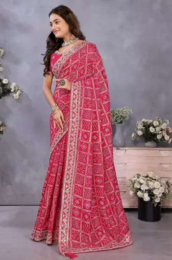 Pink vichitra silk foil print coding work saree with matching blouse piece