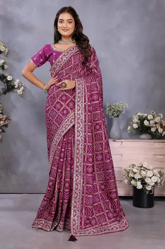 Purple vichitra silk foil print coding work saree with matching blouse piece