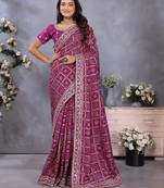 Purple vichitra silk foil print coding work saree with matching blouse piece
