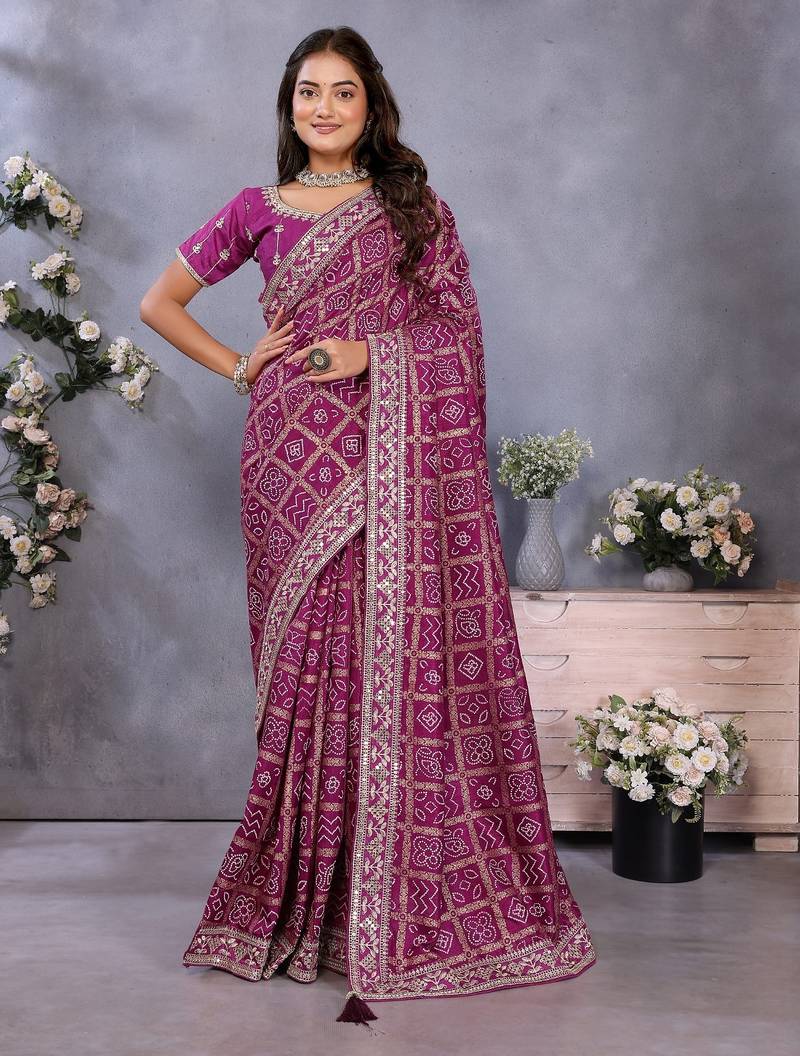 Purple vichitra silk foil print coding work saree with matching blouse piece