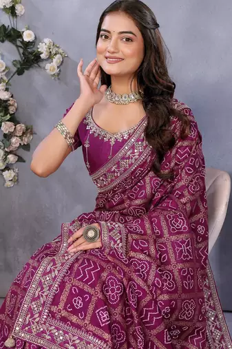 Purple vichitra silk foil print coding work saree with matching blouse piece