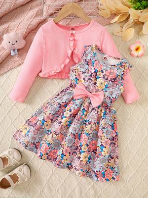 Multicolor printed crepe fit & flare dress with shrug for girls 1