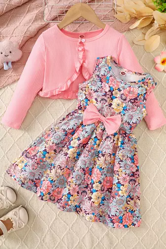 Multicolor printed crepe fit & flare dress with shrug for girls