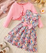 Multicolor printed crepe fit & flare dress with shrug for girls