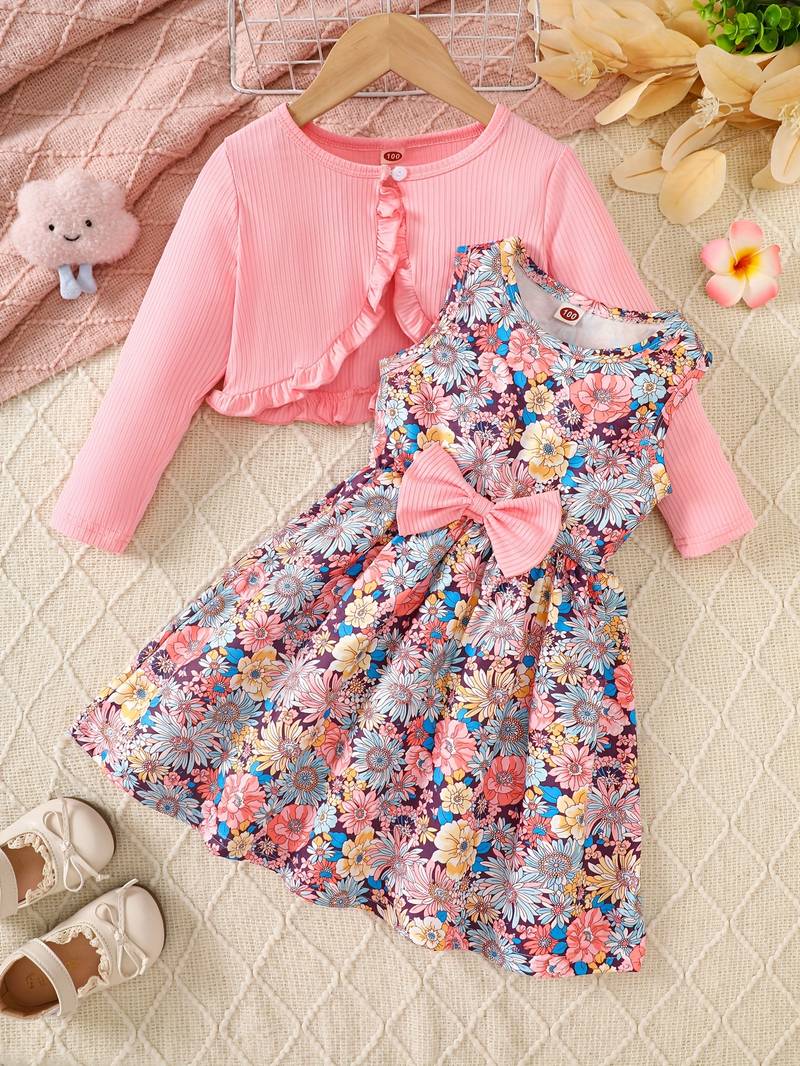 Multicolor printed crepe fit & flare dress with shrug for girls