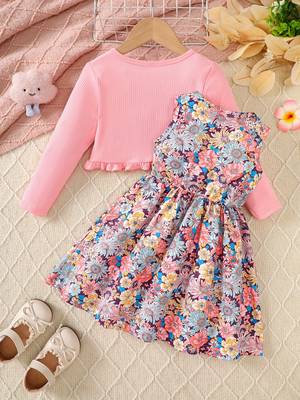 Multicolor printed crepe fit & flare dress with shrug for girls 2
