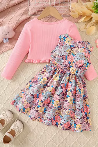 Multicolor printed crepe fit & flare dress with shrug for girls