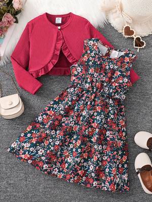 Multicolor floral printed crepe fit & flare dress with shrug for girls 1