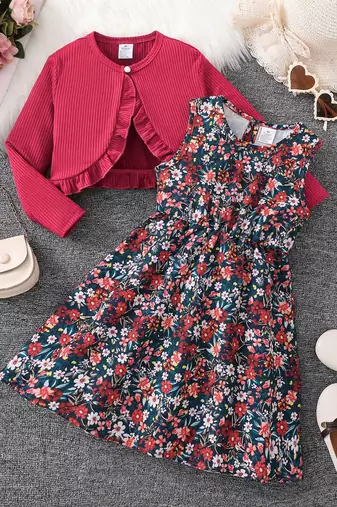 Multicolor floral printed crepe fit & flare dress with shrug for girls