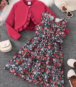 Multicolor floral printed crepe fit & flare dress with shrug for girls