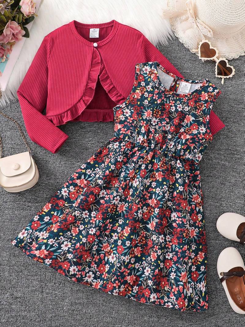 Multicolor floral printed crepe fit & flare dress with shrug for girls