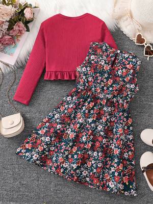 Multicolor floral printed crepe fit & flare dress with shrug for girls 2