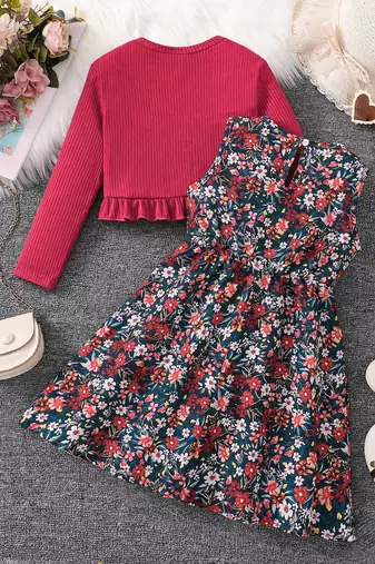 Multicolor floral printed crepe fit & flare dress with shrug for girls