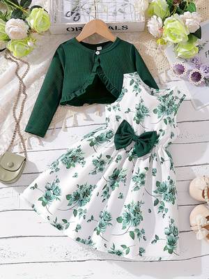 Green & white floral printed crepe fit & flare dress with shrug for girls 1