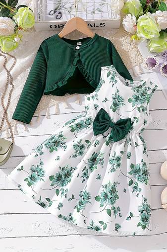 Green & white floral printed crepe fit & flare dress with shrug for girls