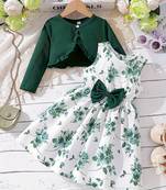 Green & white floral printed crepe fit & flare dress with shrug for girls