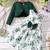 Green & white floral printed crepe fit & flare dress with shrug for girls