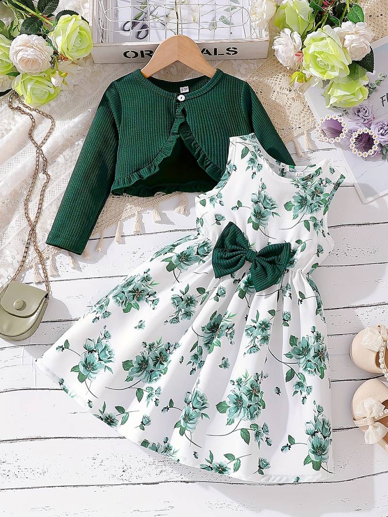 Green & white floral printed crepe fit & flare dress with shrug for girls