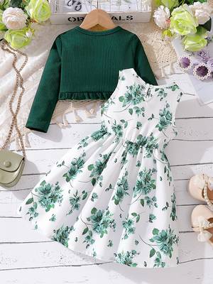 Green & white floral printed crepe fit & flare dress with shrug for girls 2