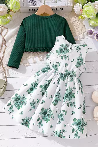 Green & white floral printed crepe fit & flare dress with shrug for girls