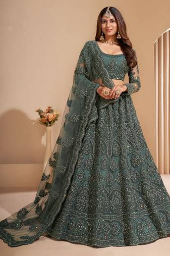 Soft premium Net Lehenga Green Color With Embroidery Work, Stone work