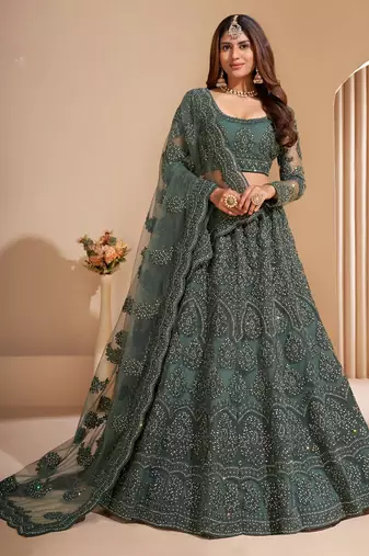 Soft premium Net Lehenga Green Color With Embroidery Work, Stone work