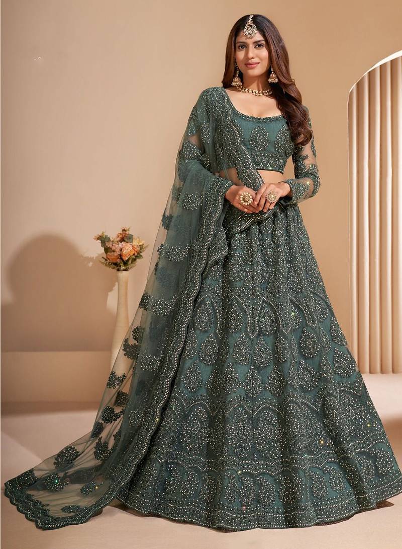 Soft premium Net Lehenga Green Color With Embroidery Work, Stone work