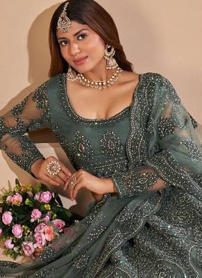 Soft premium Net Lehenga Green Color With Embroidery Work, Stone work 3
