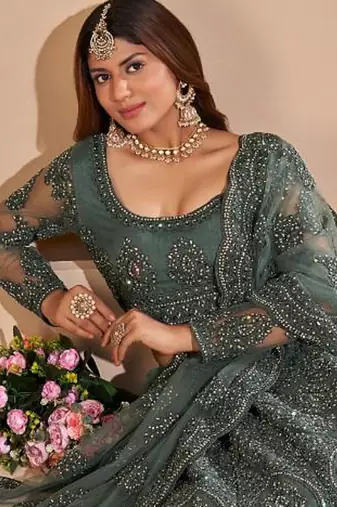 Soft premium Net Lehenga Green Color With Embroidery Work, Stone work