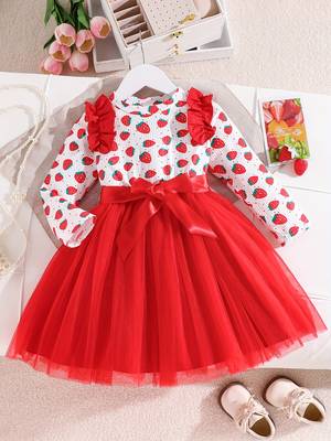 Red floral printed net fit & flare party dress for girls 1