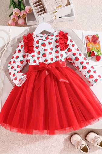 Red floral printed net fit & flare party dress for girls