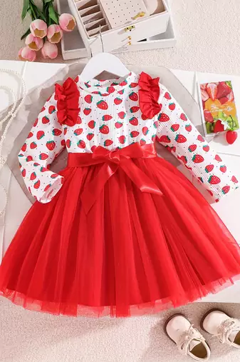Red floral printed net fit & flare party dress for girls