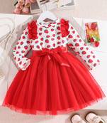 Red floral printed net fit & flare party dress for girls