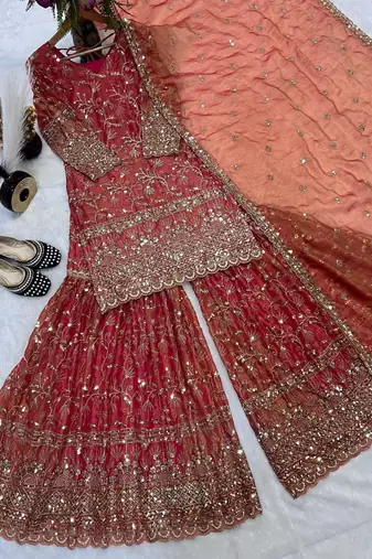 red embroidered sharara set