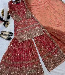 red embroidered sharara set