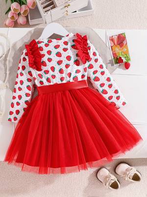 Red floral printed net fit & flare party dress for girls 2