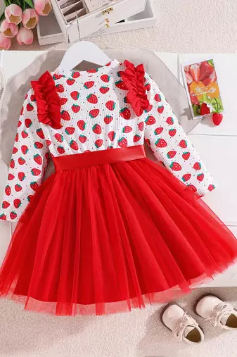 Red floral printed net fit & flare party dress for girls