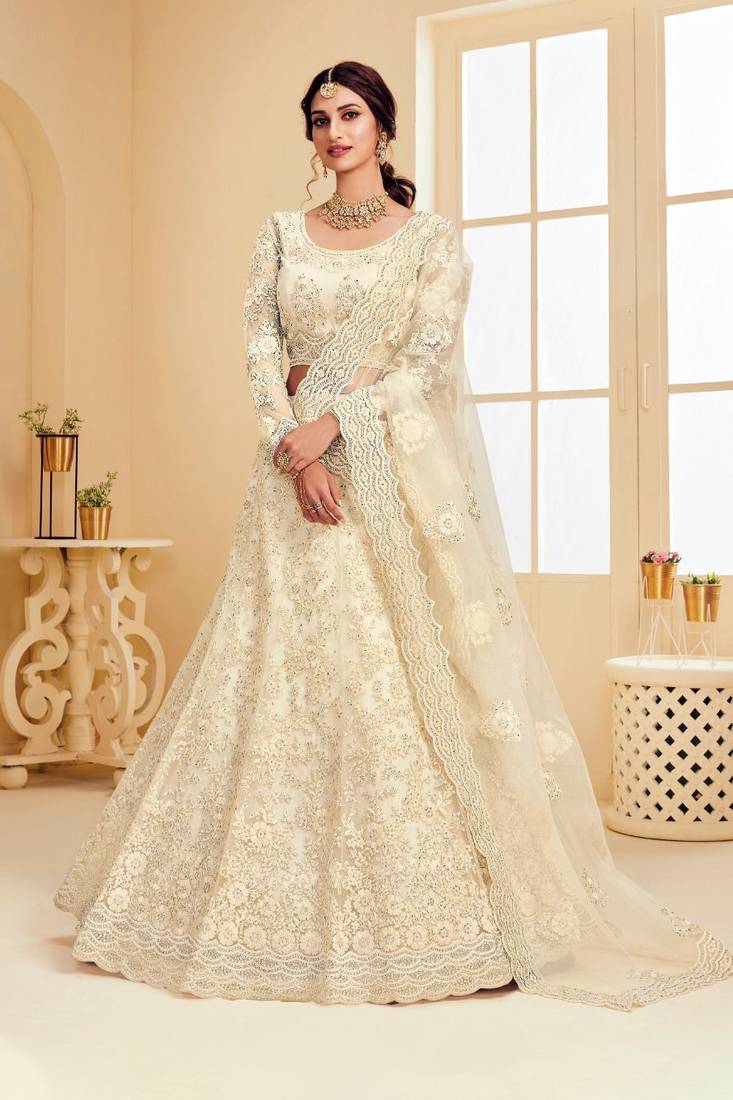 Soft premium Net Lehenga Off White Color With Embroidery Work, Stone work