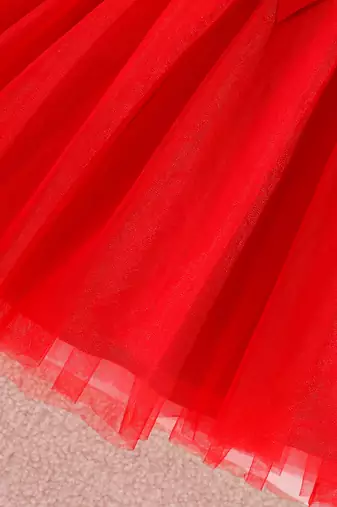 Red floral printed net fit & flare party dress for girls