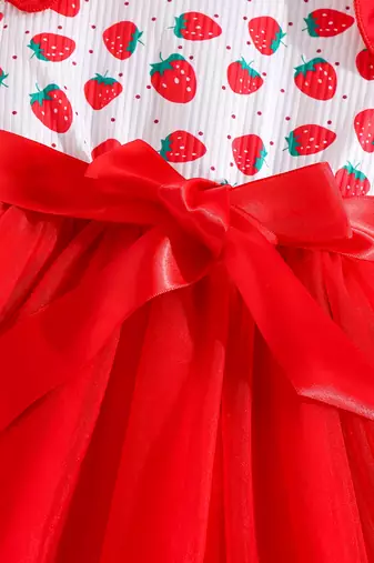 Red floral printed net fit & flare party dress for girls