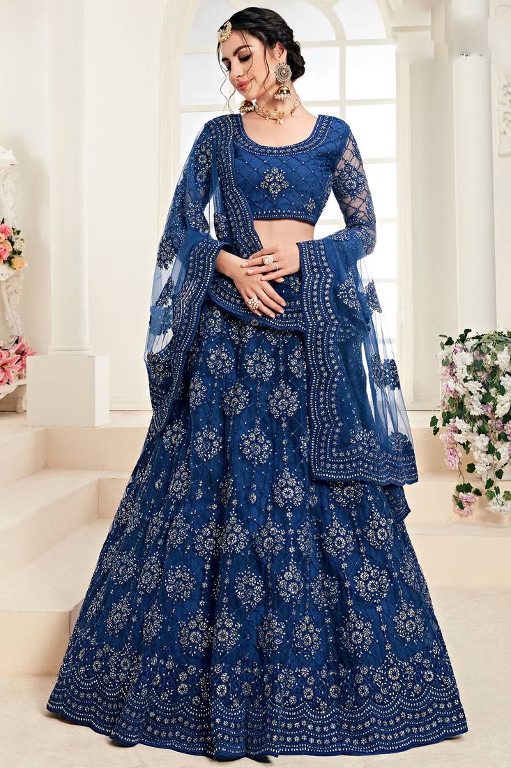 Soft premium Net Lehenga Blue Color With Embroidery Work, Stone work