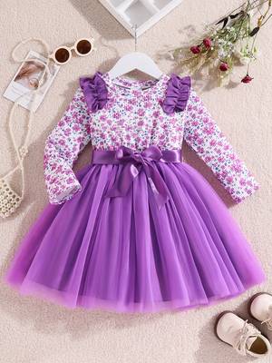 Purple floral printed net fit & flare party dress for girls 1