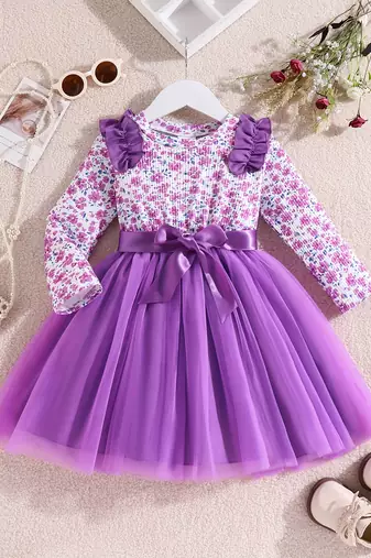 Purple floral printed net fit & flare party dress for girls